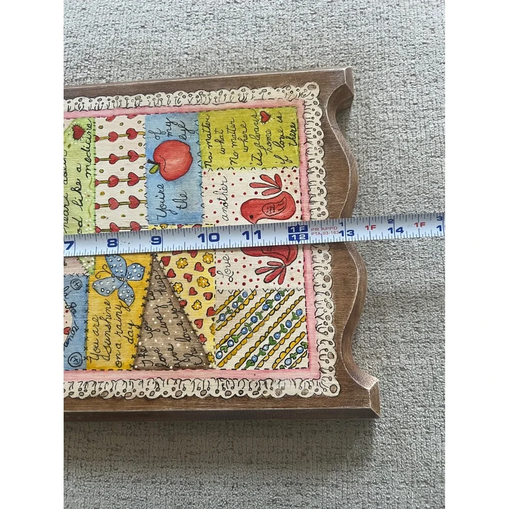 Vintage Wooden Folk Art Patchwork Quilt Wall Plaque Home Decor Hearts Birds 12